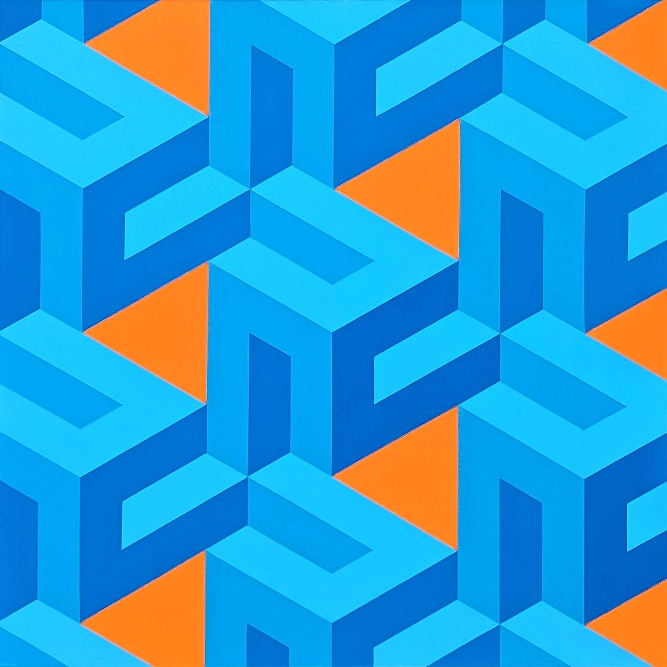 Handgemaltes und handgespanntes Op-Art-Gemälde des zeitgenössischen Künstlers Austin Magruder. Das Werk zeigt abstrakte, geometrische Mosaike, die ein faszinierendes Muster bilden. Rückseitig signiert und datiert. Derzeit ungerahmt, aber Optionen