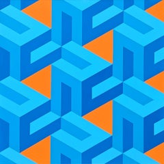 Contemporary Orange & Blue Colorful Tessellated Geometric Abstract Painting