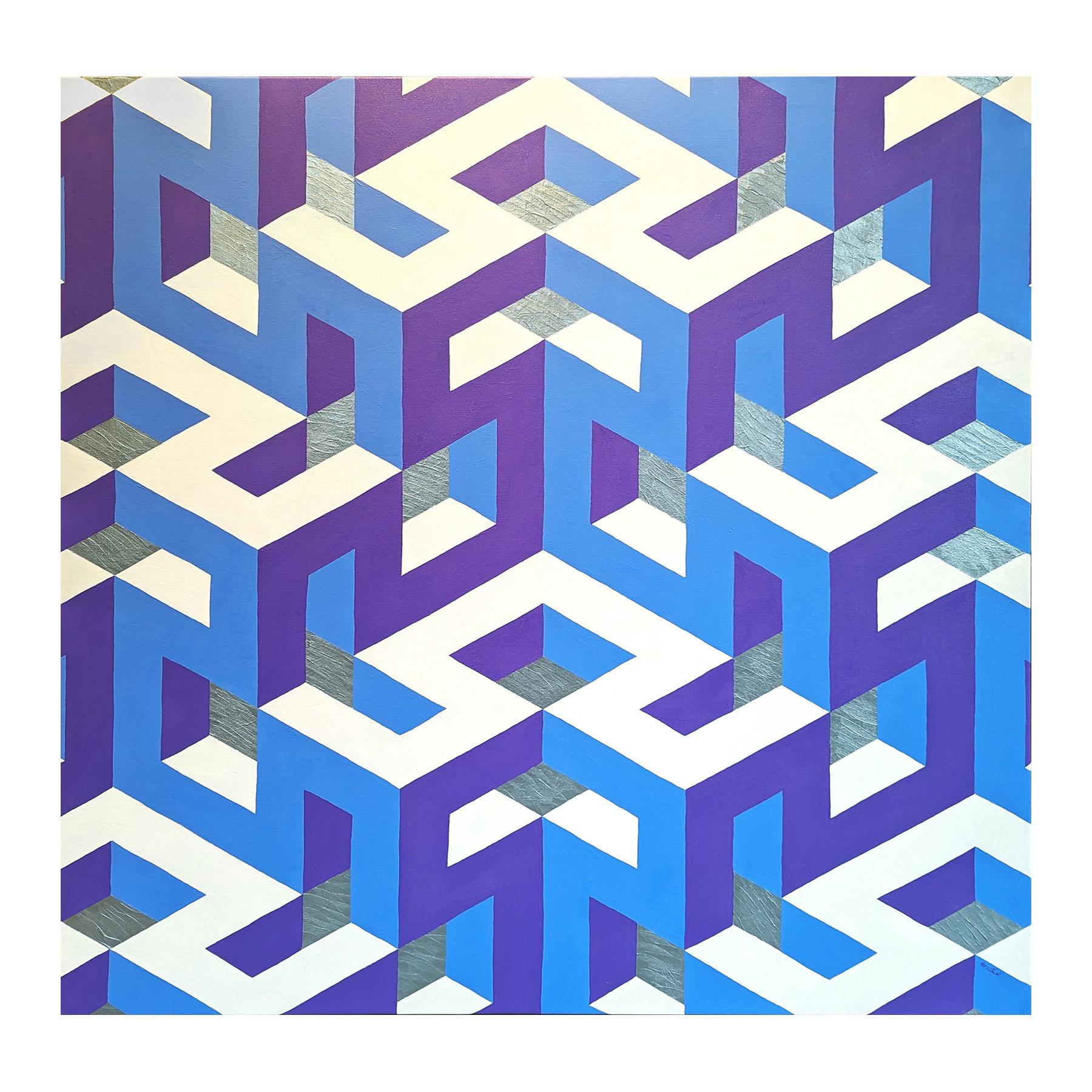 Contemporary Purple, Blue, & Metallic Silver Tessellated Abstract Painting For Sale 1