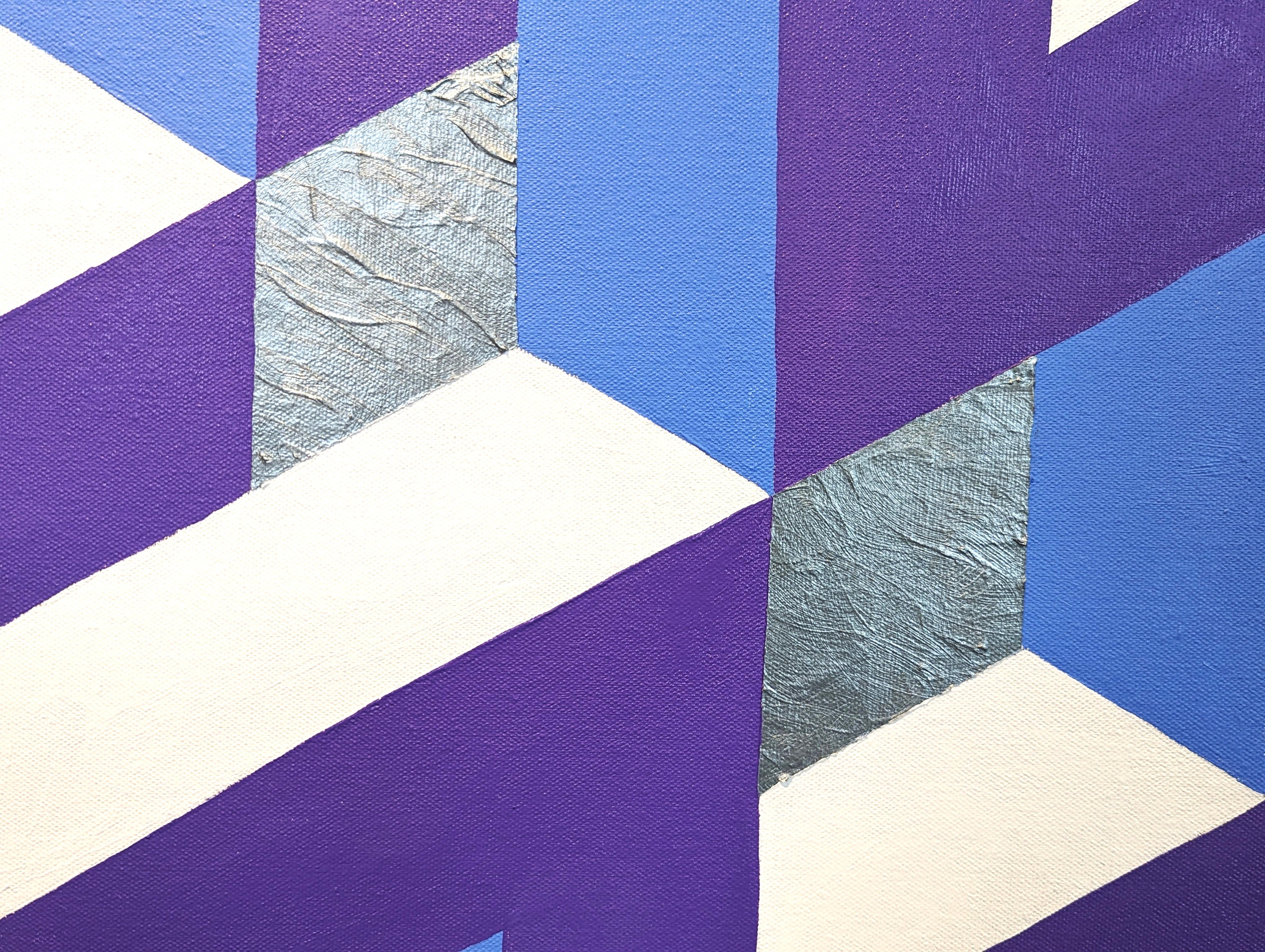 Contemporary Purple, Blue, & Metallic Silver Tessellated Abstract Painting For Sale 7