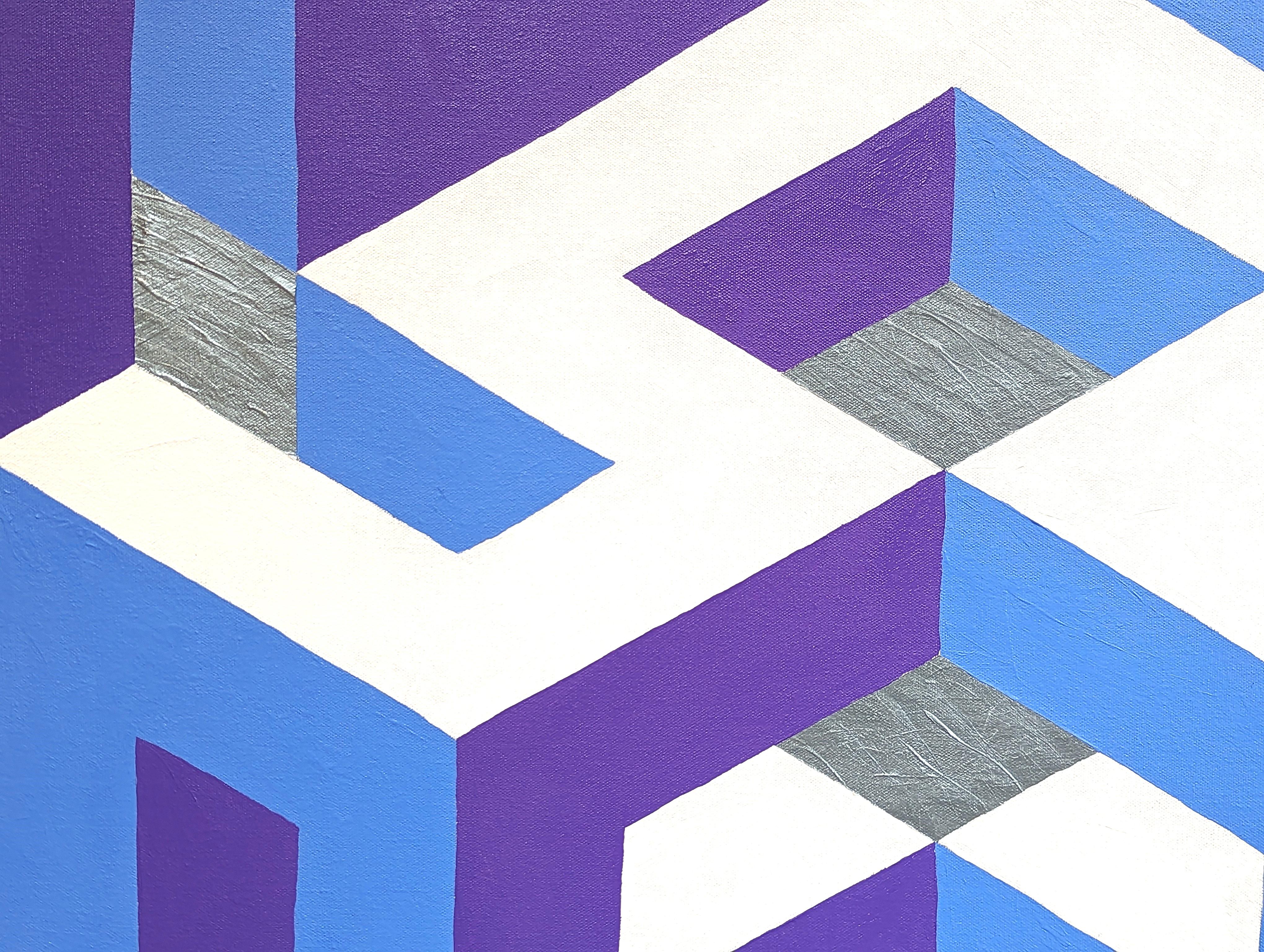 Contemporary Purple, Blue, & Metallic Silver Tessellated Abstract Painting For Sale 8