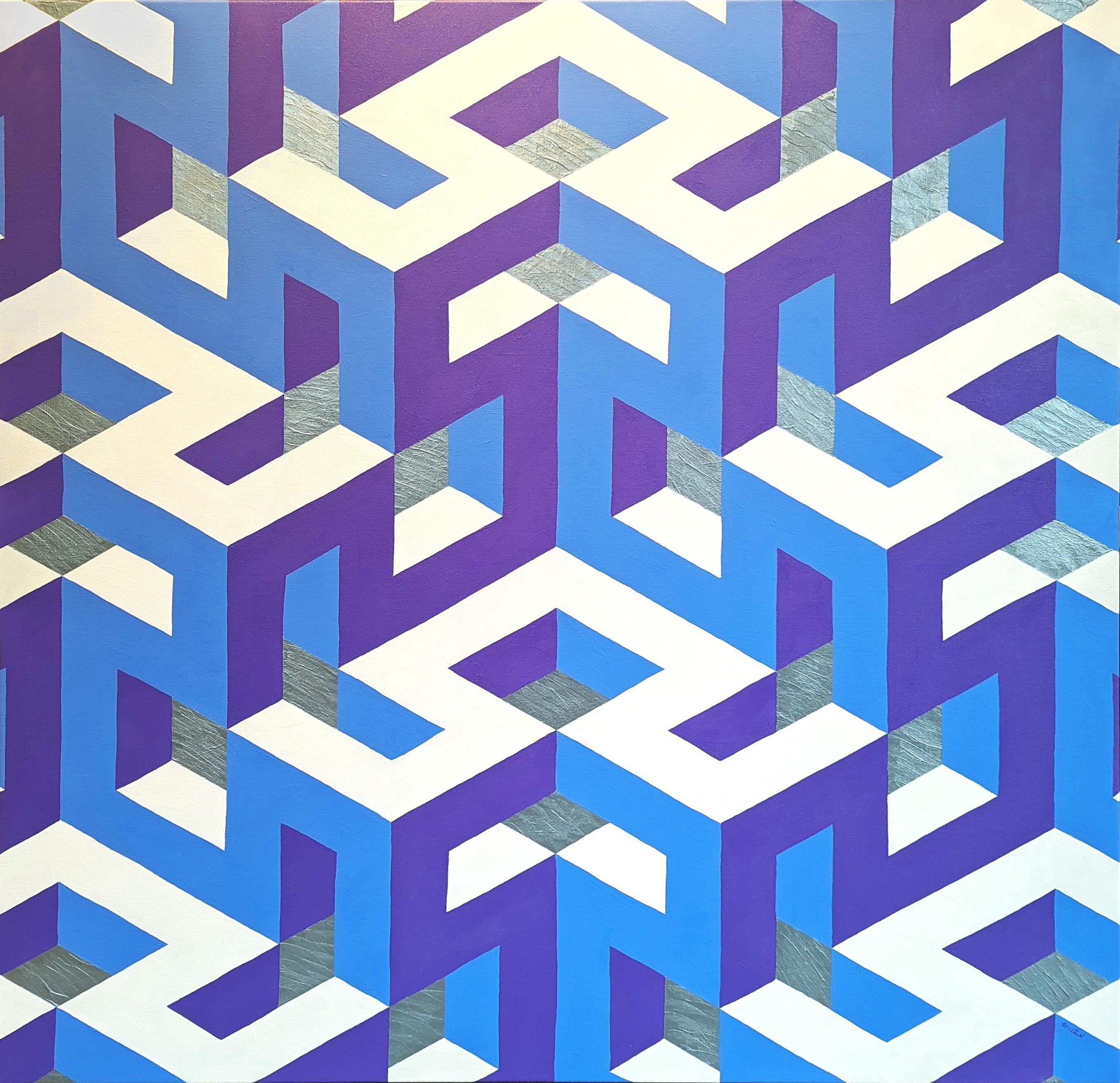 Hand painted and hand stretched op art painting by contemporary artist Austin Magruder. The work features abstract, geometric tessellations that create a mesmerizing pattern. Signed and dated on the reverse. Currently unframed, but options are