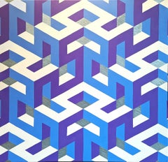 Peinture abstraite contemporaine tessellée en violet, bleu et argent métallisé