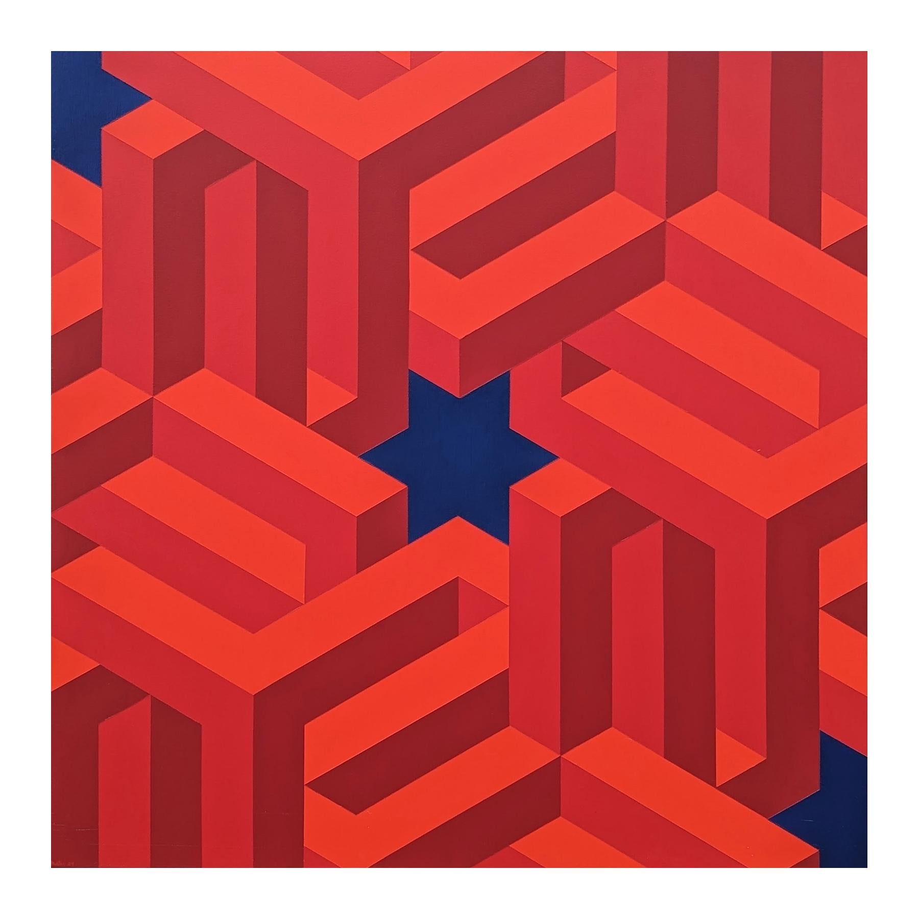 Contemporary Red & Navy Colorful Tessellated Geometric Star Abstract Painting im Angebot 1