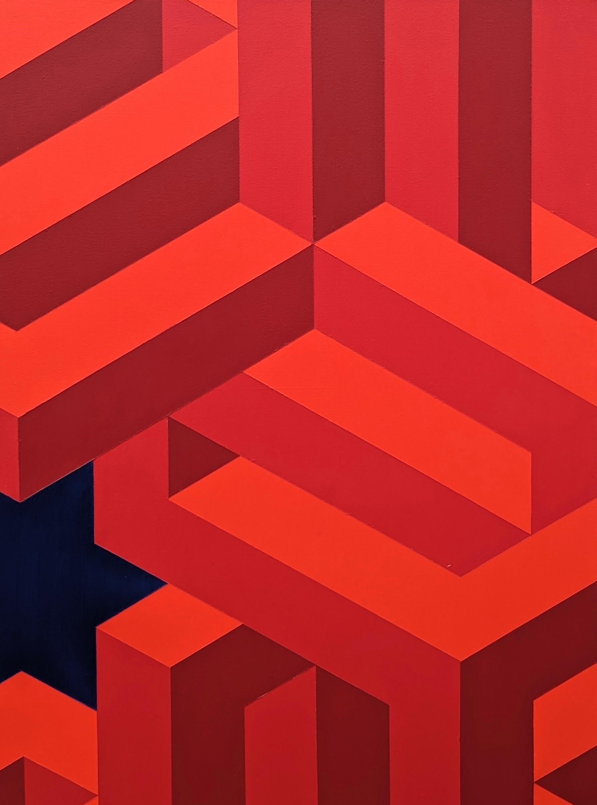Contemporary Red & Navy Colorful Tessellated Geometric Star Abstract Painting im Angebot 3