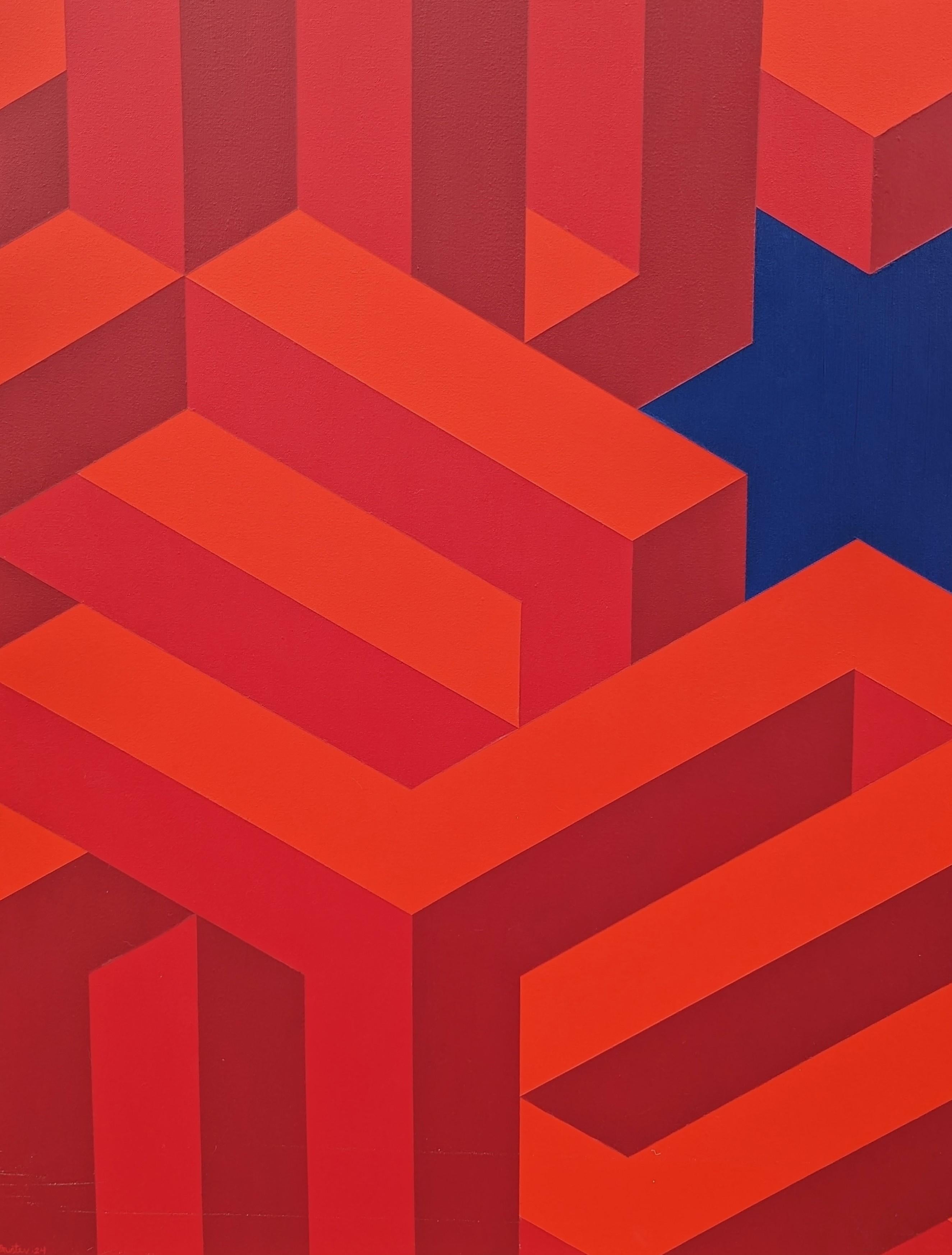 Contemporary Red & Navy Colorful Tessellated Geometric Star Abstract Painting im Angebot 4