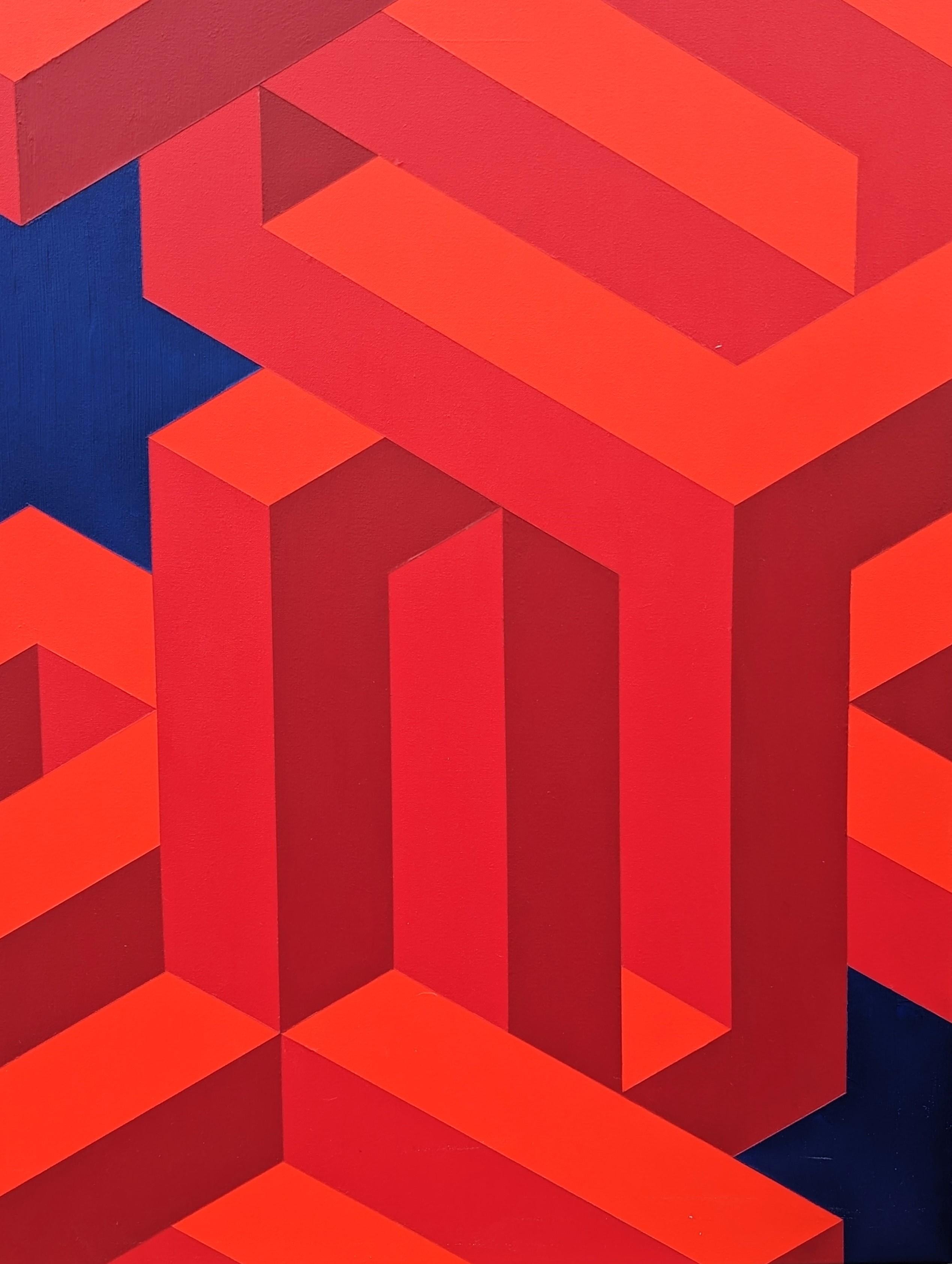 Contemporary Red & Navy Colorful Tessellated Geometric Star Abstract Painting im Angebot 5