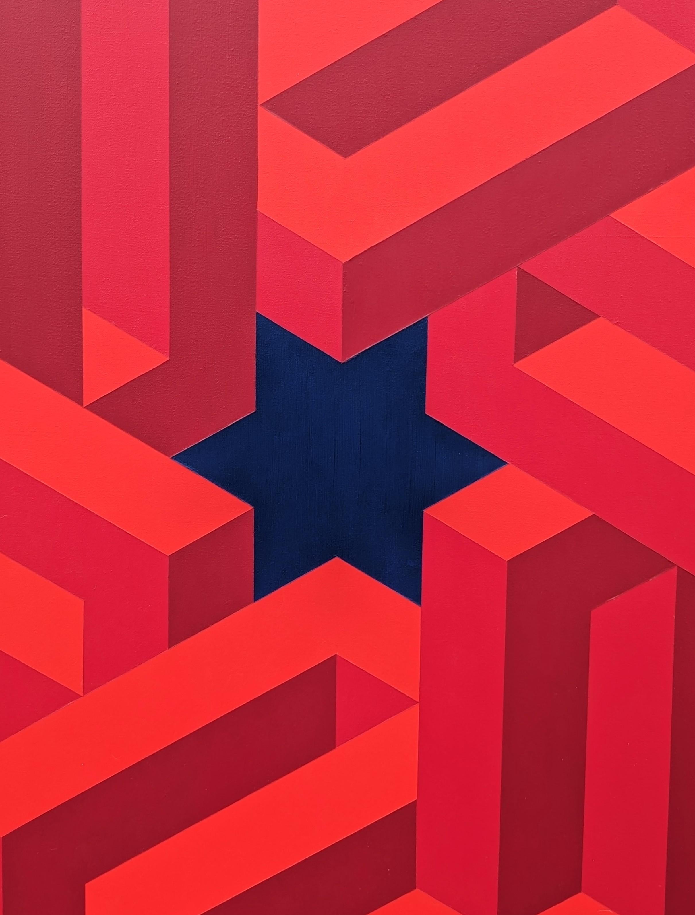 Contemporary Red & Navy Colorful Tessellated Geometric Star Abstract Painting im Angebot 6