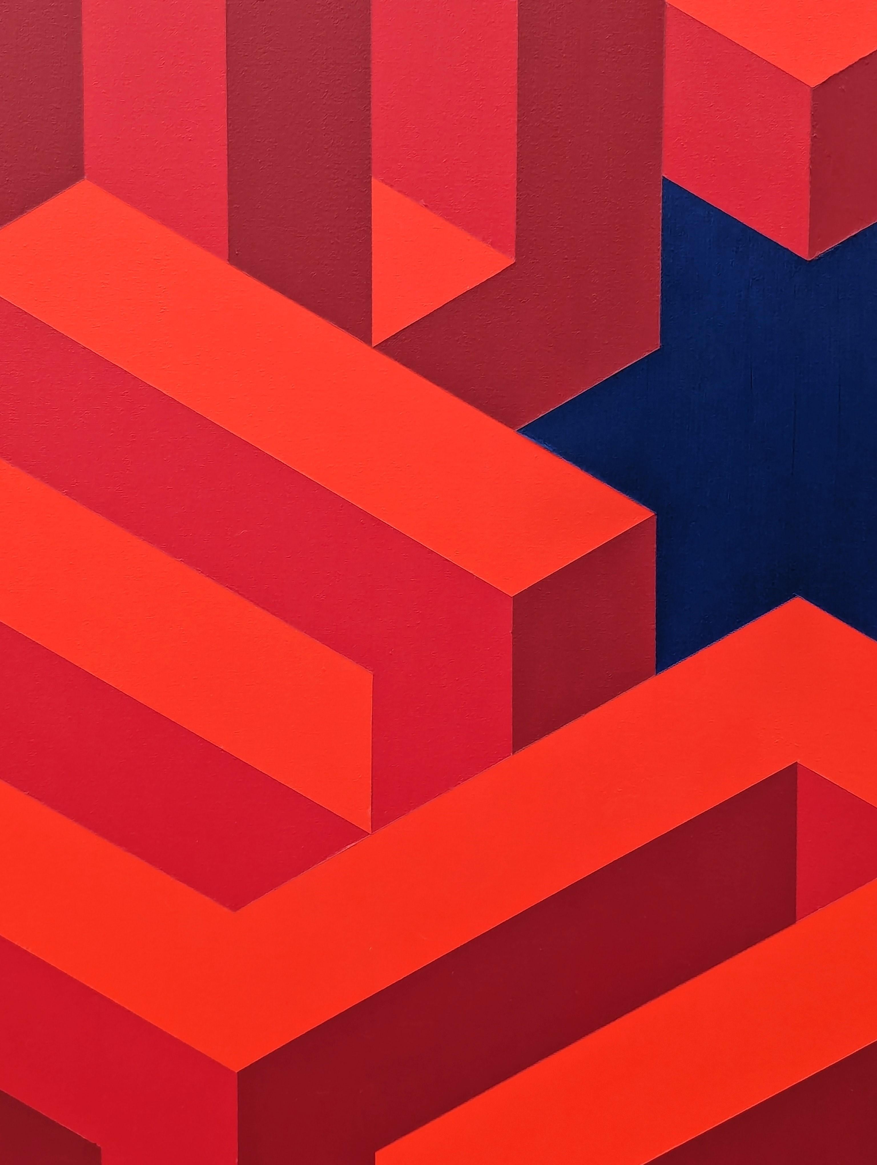 Contemporary Red & Navy Colorful Tessellated Geometric Star Abstract Painting im Angebot 7