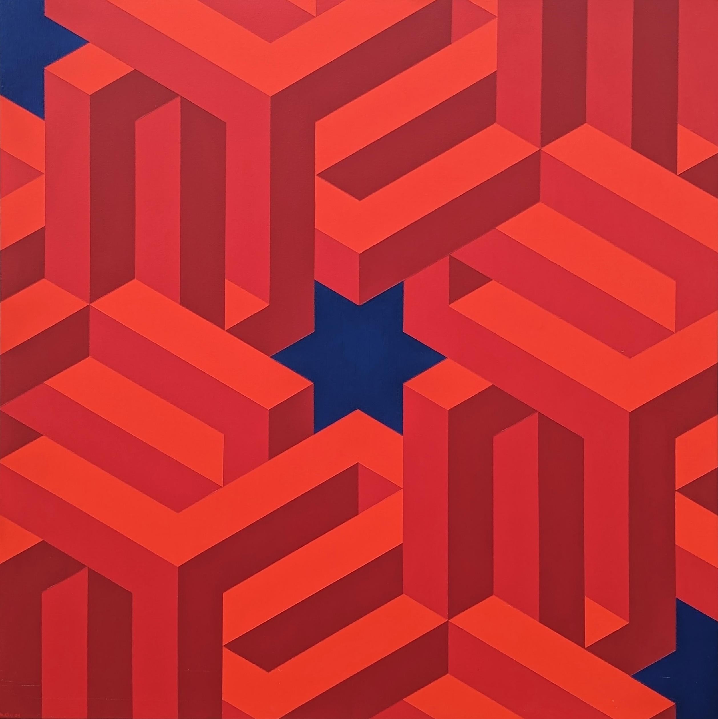 Handgemaltes und handgespanntes Op-Art-Gemälde des zeitgenössischen Künstlers Austin Magruder. Das Werk zeigt abstrakte, geometrische Mosaike, die ein faszinierendes Muster bilden. Rückseitig signiert und datiert. Derzeit ungerahmt, aber Optionen