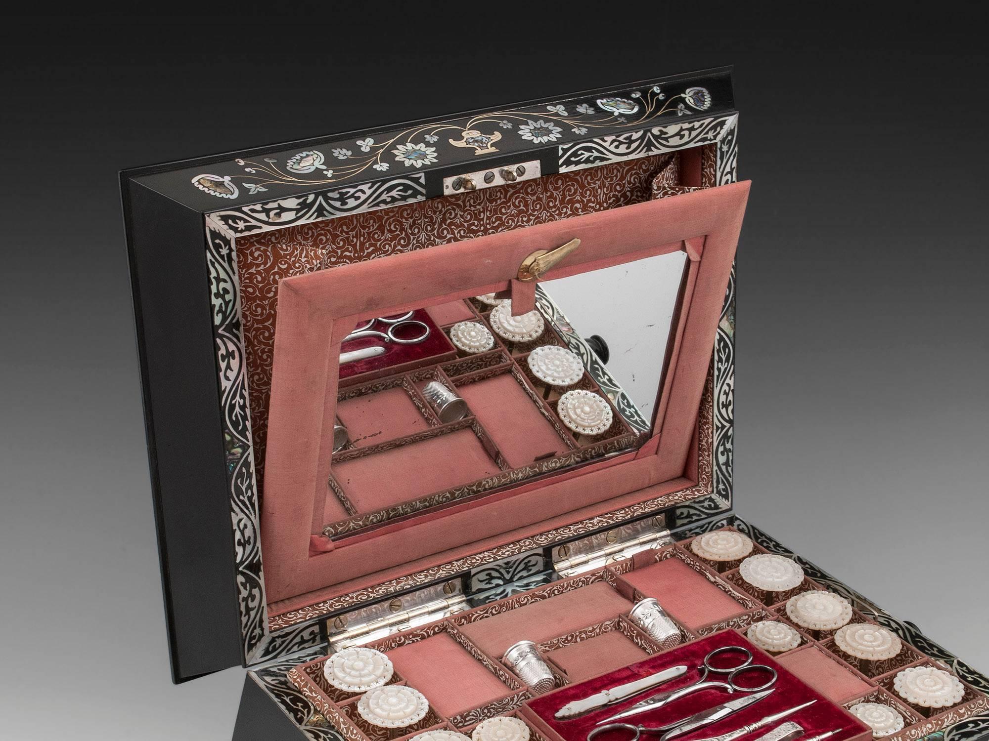 Austin of Dublin Ebony Mother of Pearl Sewing Box, 19th Century 5