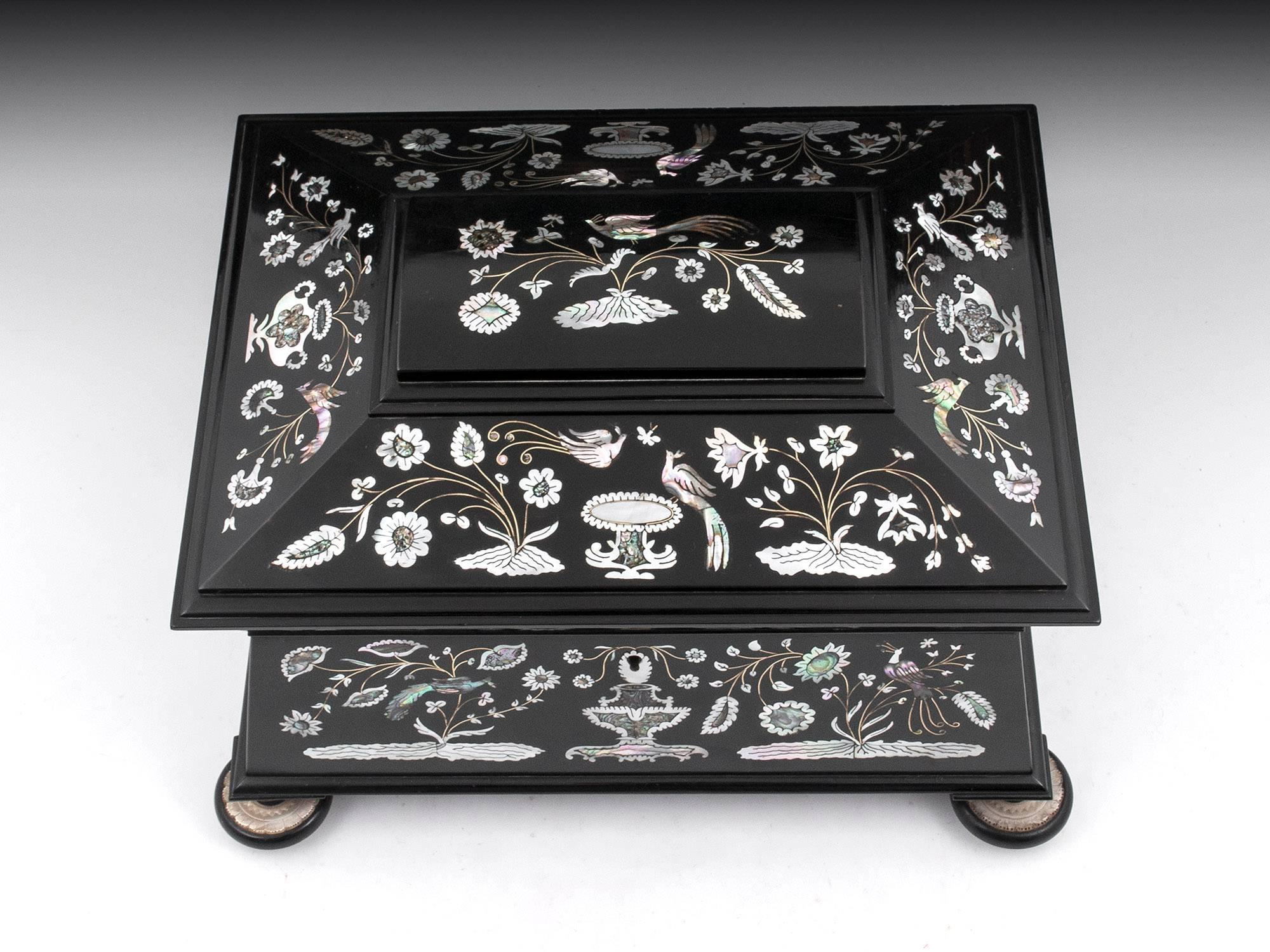 Victorian Austin of Dublin Ebony Mother of Pearl Sewing Box, 19th Century