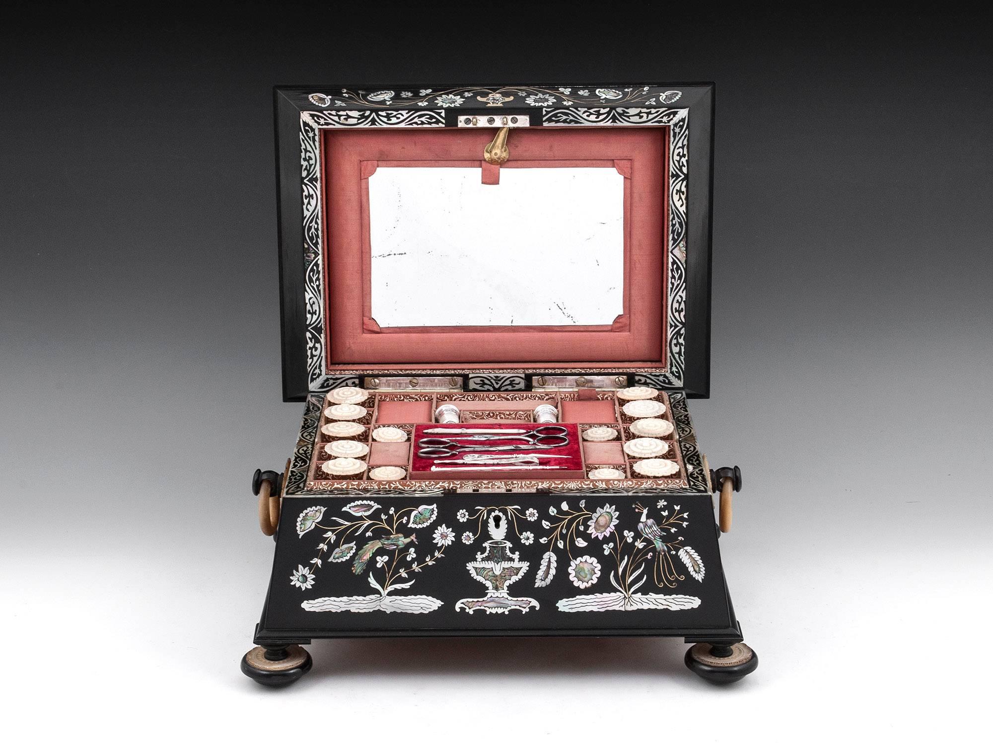 Mother-of-Pearl Austin of Dublin Ebony Mother of Pearl Sewing Box, 19th Century