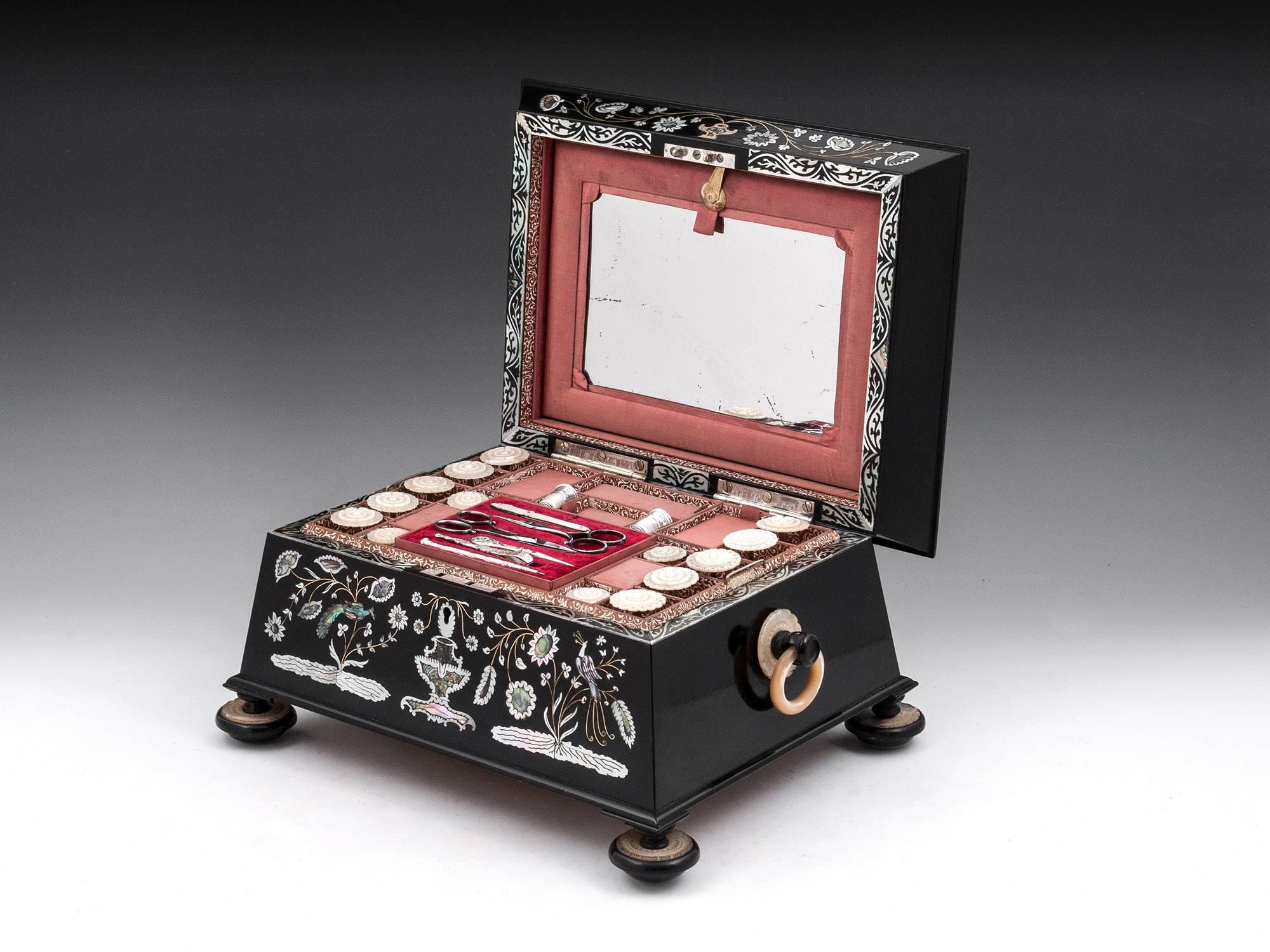 Austin of Dublin Ebony Mother of Pearl Sewing Box, 19th Century 2