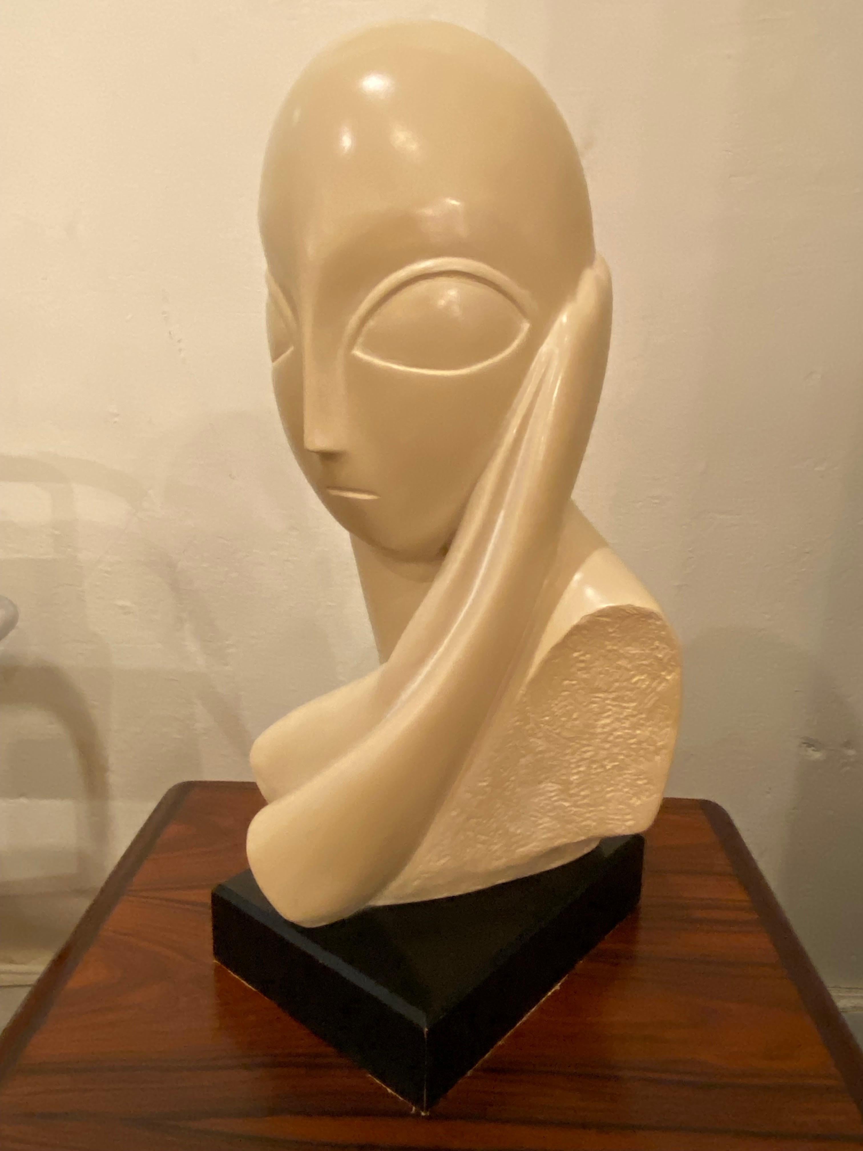 Austin Productions 1961 Abstract Sculpted Head. Signed to back. Sculpture sits on a wood base. Dramatic Piece, nice size and scale!.