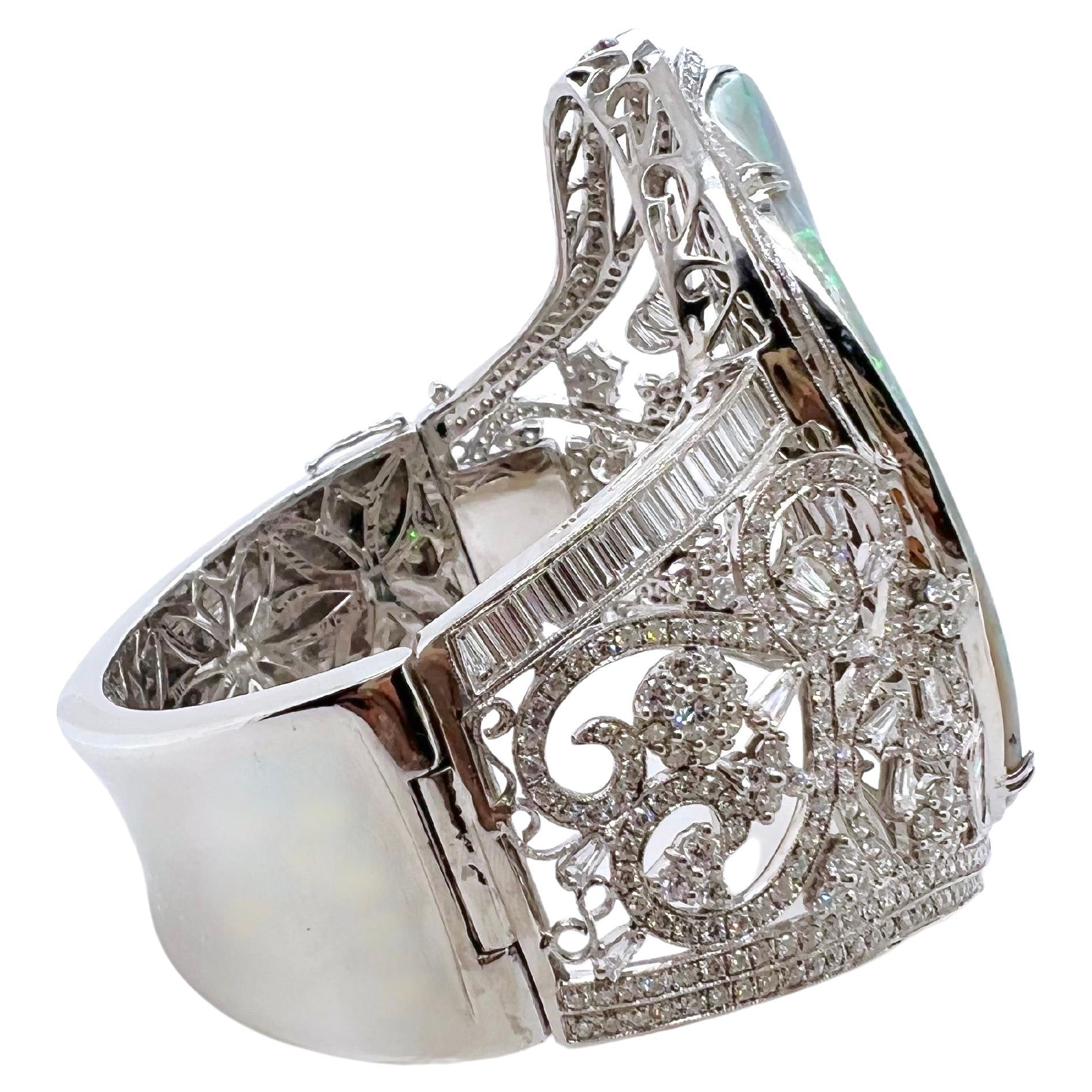 Mixed Cut Australian Opal Bangle Cuff with Diamonds in 18k White Gold / Platinum For Sale