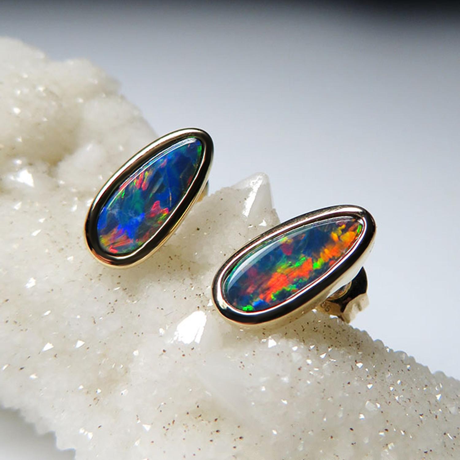 Contemporary Australian Doublet Opal Earrings Gold Unisex Stud Black Opal Mens