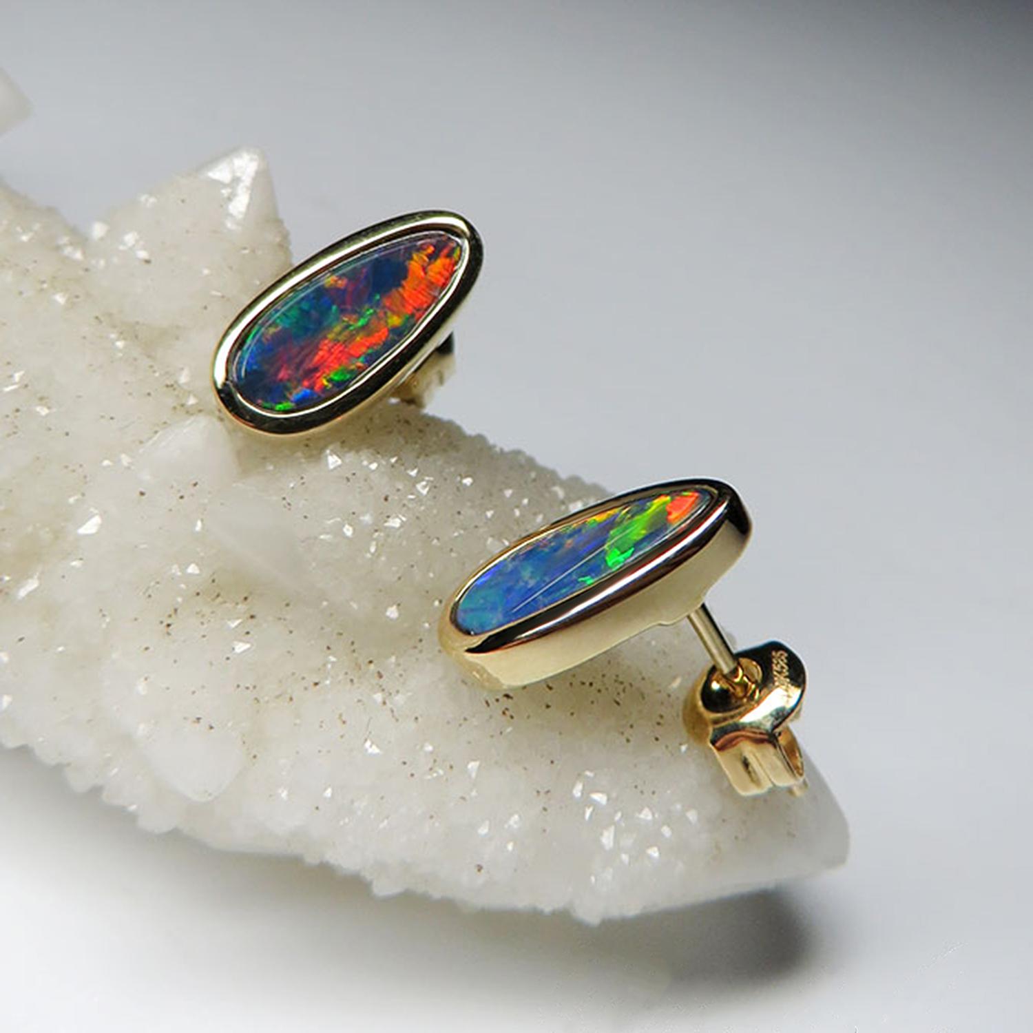 Oval Cut Australian Doublet Opal Earrings Gold Unisex Stud Black Opal Mens