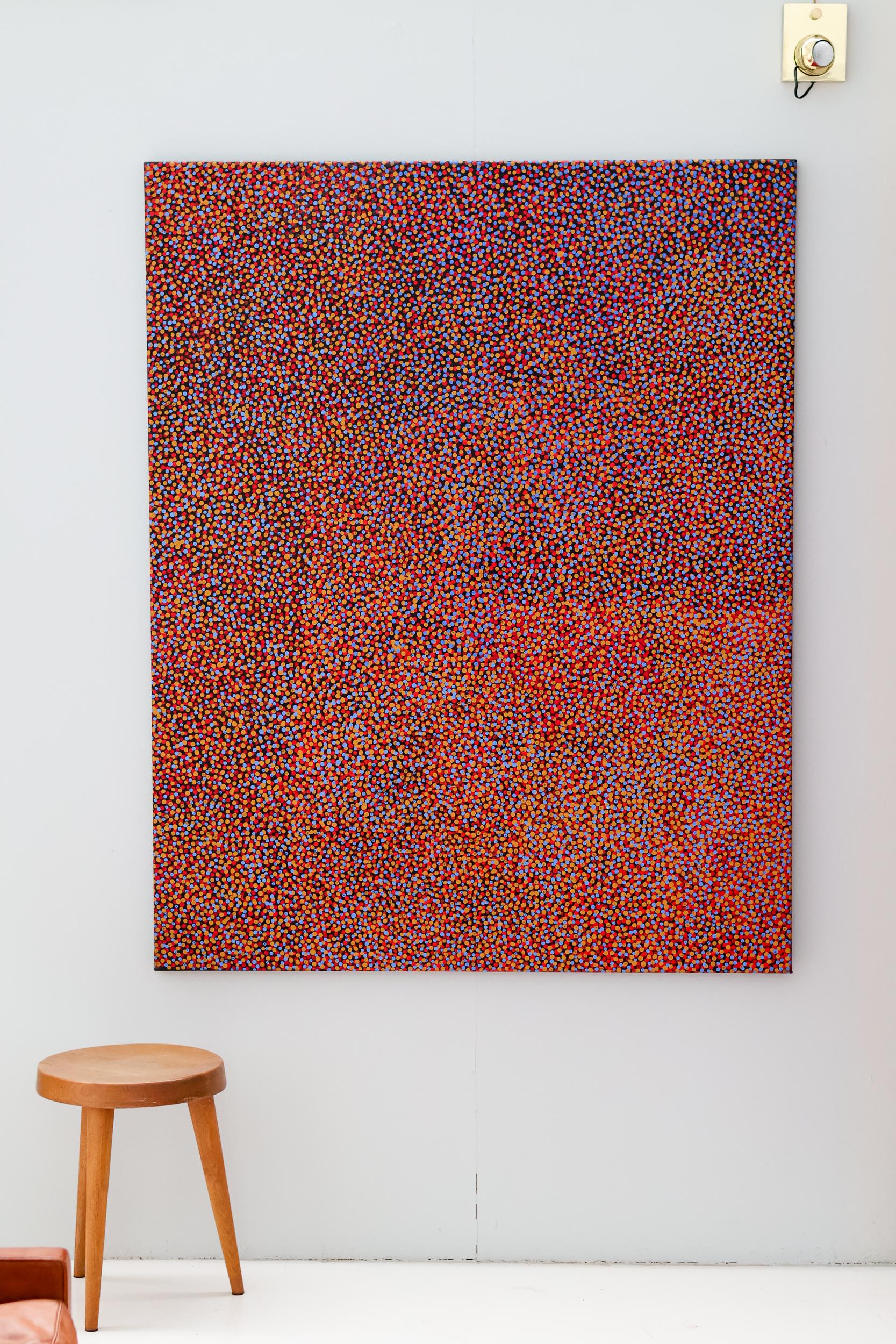 This captivating painting by Gladys Kemarre (1937-2017), a respected Anmatyerre artist from Utopia in the Northern Territory, is a powerful expression of Aboriginal Dreaming—a visual narrative tradition passed down through countless
