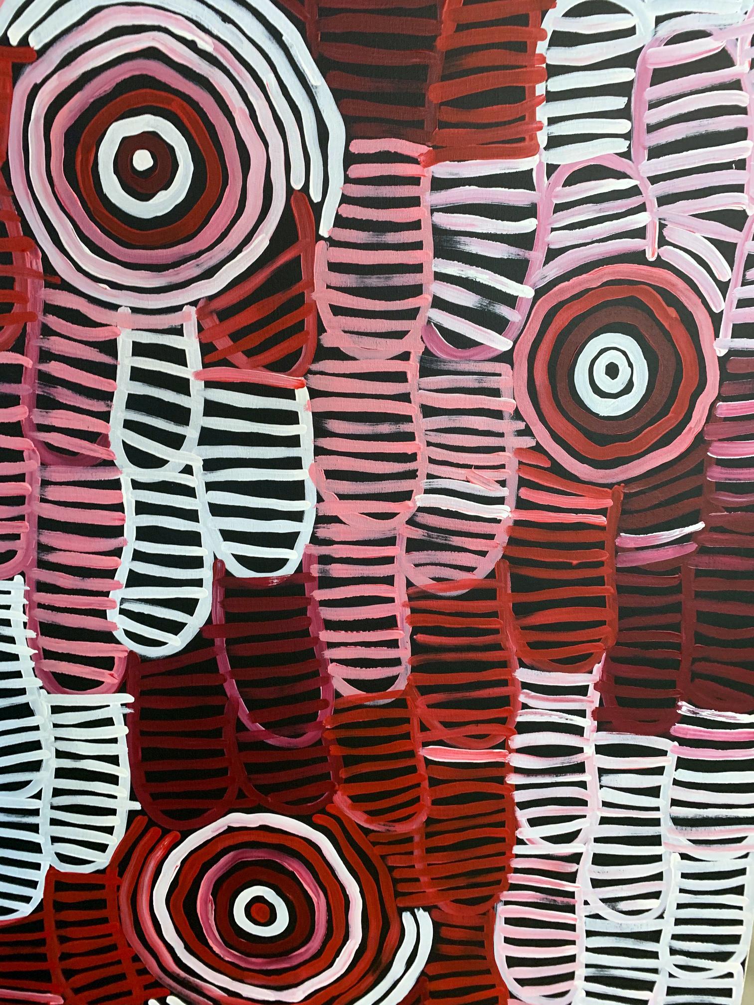 Ein eindrucksvolles Gemälde der berühmten australischen Aborigine-Künstlerin Minnie Pwerle, das ihr Land 