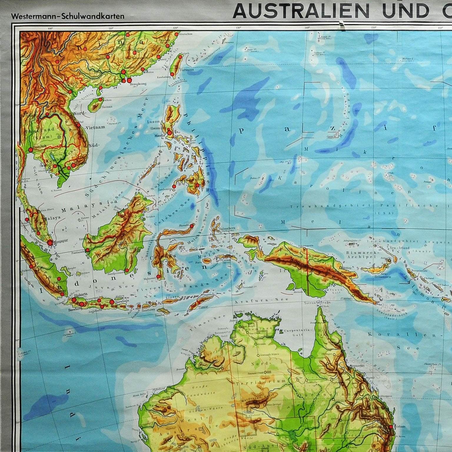 Australia and Oceania Vintage Art Map Poster Rollable Wall Chart Mural 

The classical geographical wall chart shows a map of Australia and Oceania – physical view. Used as teaching Material in German schools. Colorful print on paper reinforced with