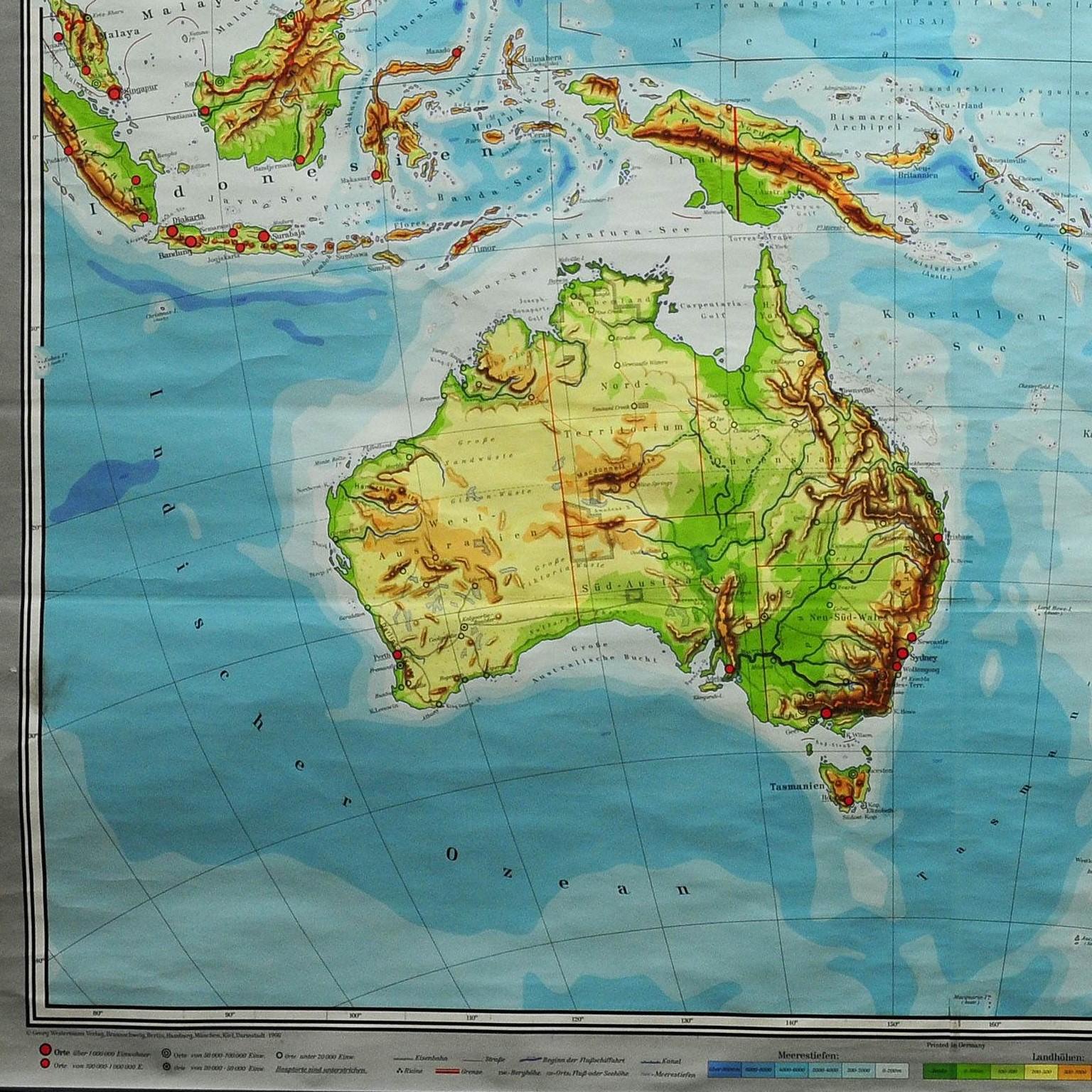 Country Affiche murale roulante d'une carte murale d'art vintage d'Australie et d'Océanie