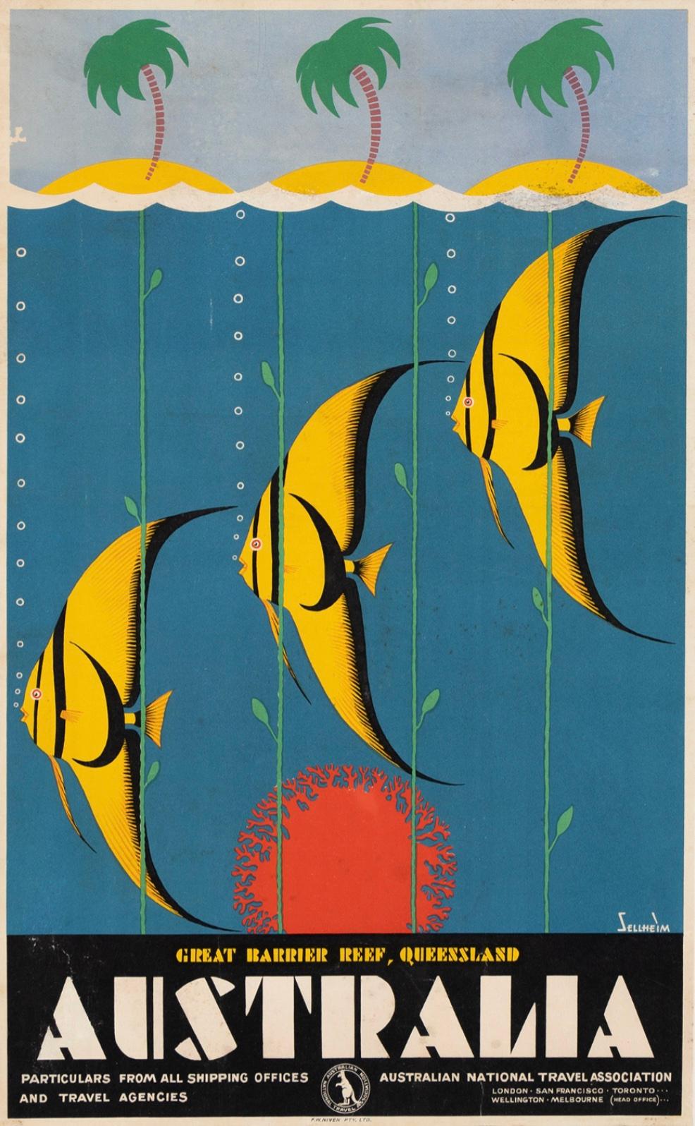 'AUSTRALIA' Great Barrier Reef Queensland, by Sellheim, 1937

Selling ‘Australia’ to the world, this poster designed by Gert Sellheim depicts the natural wonder of the Great Barrier Reef, in Queensland. This is a rare poster from 1937, and a