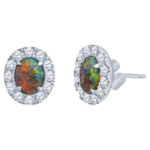 Australia Lightning Ridge Oval Opal and Diamond Halo Stud Earrings