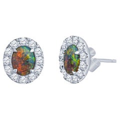 Australia Lightning Ridge Oval Opal and Diamond Halo Stud Earrings