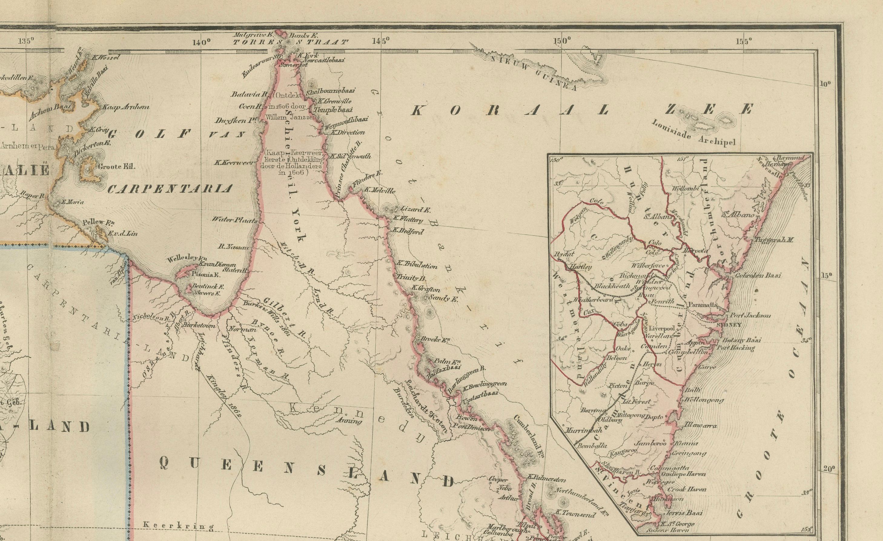 Carte de l'Australie ou de laNew Holland avec régions insérées par Noothoven van Goor, 1876 en vente 5