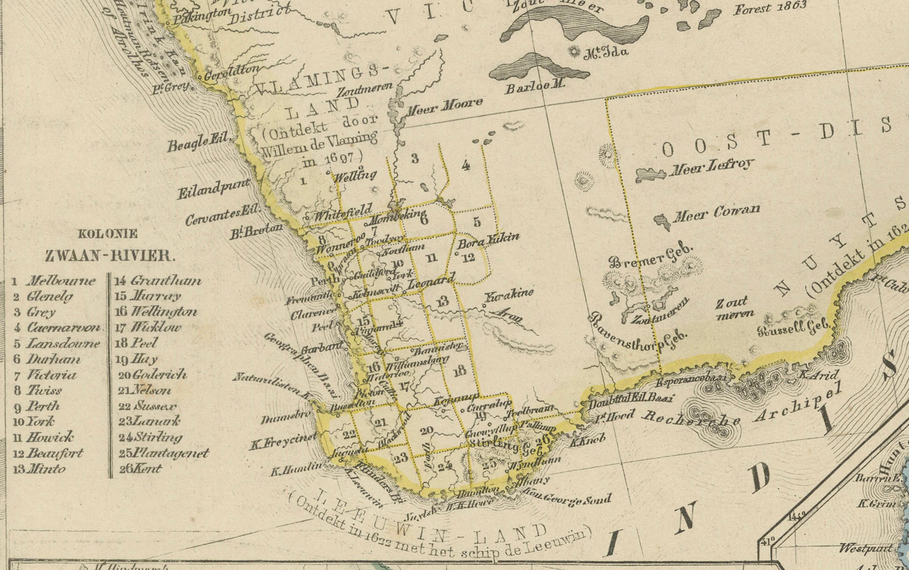 Carte de l'Australie ou de laNew Holland avec régions insérées par Noothoven van Goor, 1876 Bon état - En vente à Langweer, NL