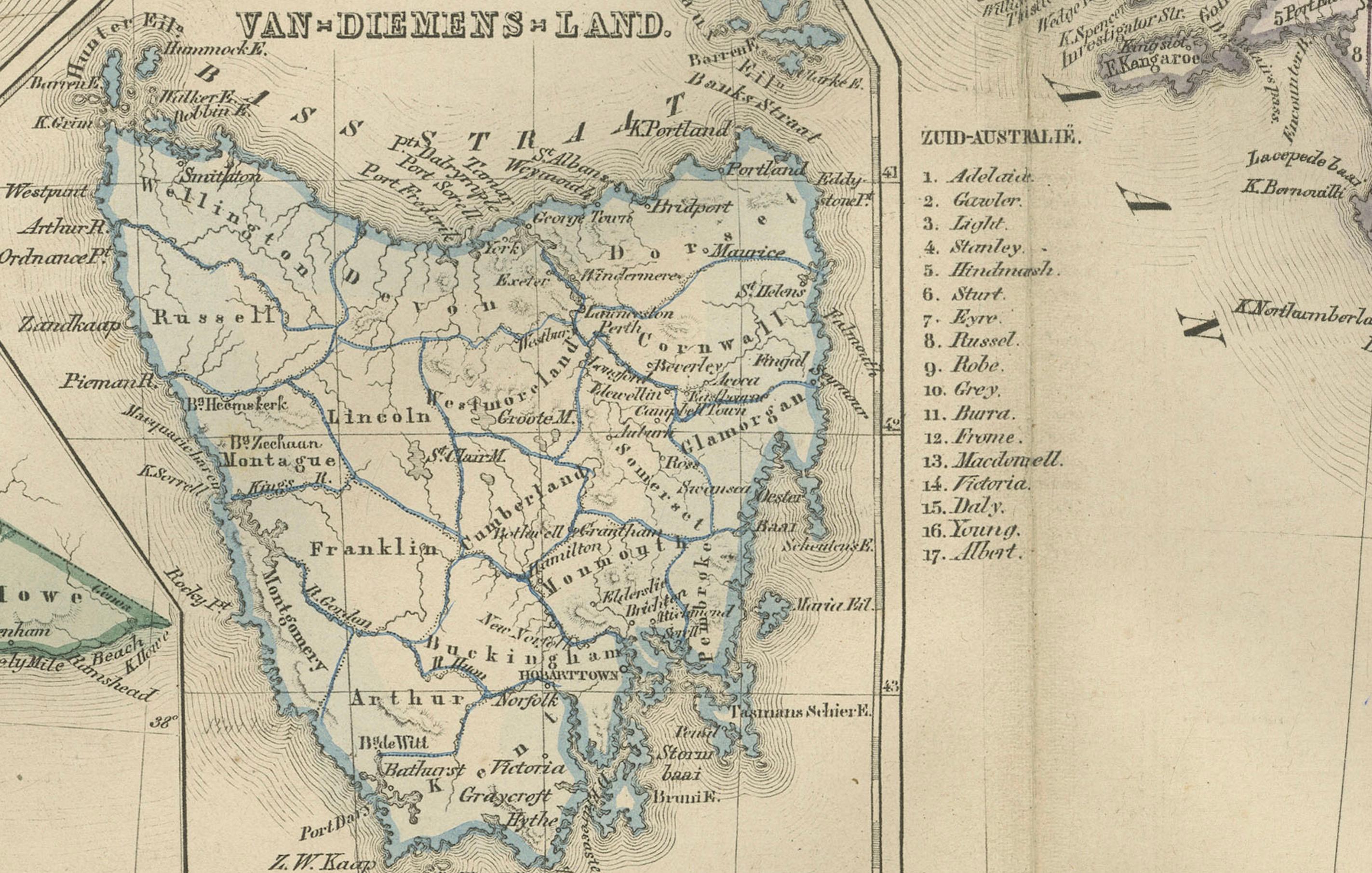 Papier Carte de l'Australie ou de laNew Holland avec régions insérées par Noothoven van Goor, 1876 en vente