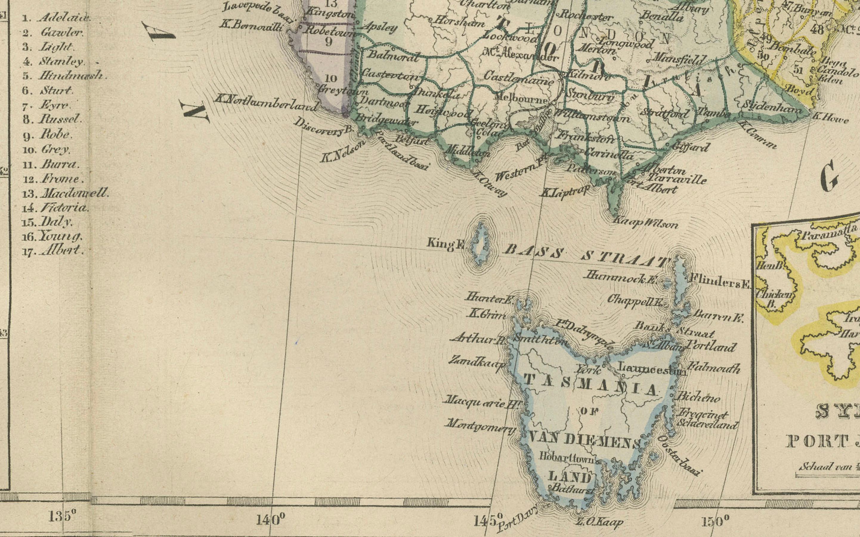 Carte de l'Australie ou de laNew Holland avec régions insérées par Noothoven van Goor, 1876 en vente 1