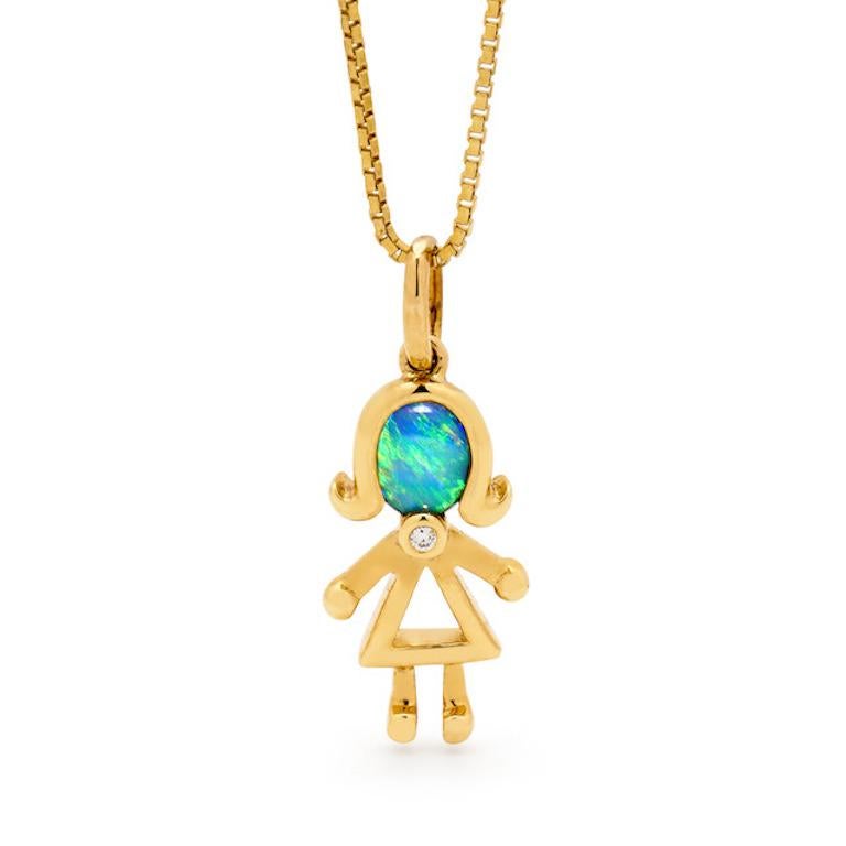 “BFF” opal pendant is the ideal gift to celebrate fun and friendship. We have several designs available, each with different opals and hairstyles. All opals are from Lightning Ridge and set in 18K yellow gold. Add a matching pendant to complete the
