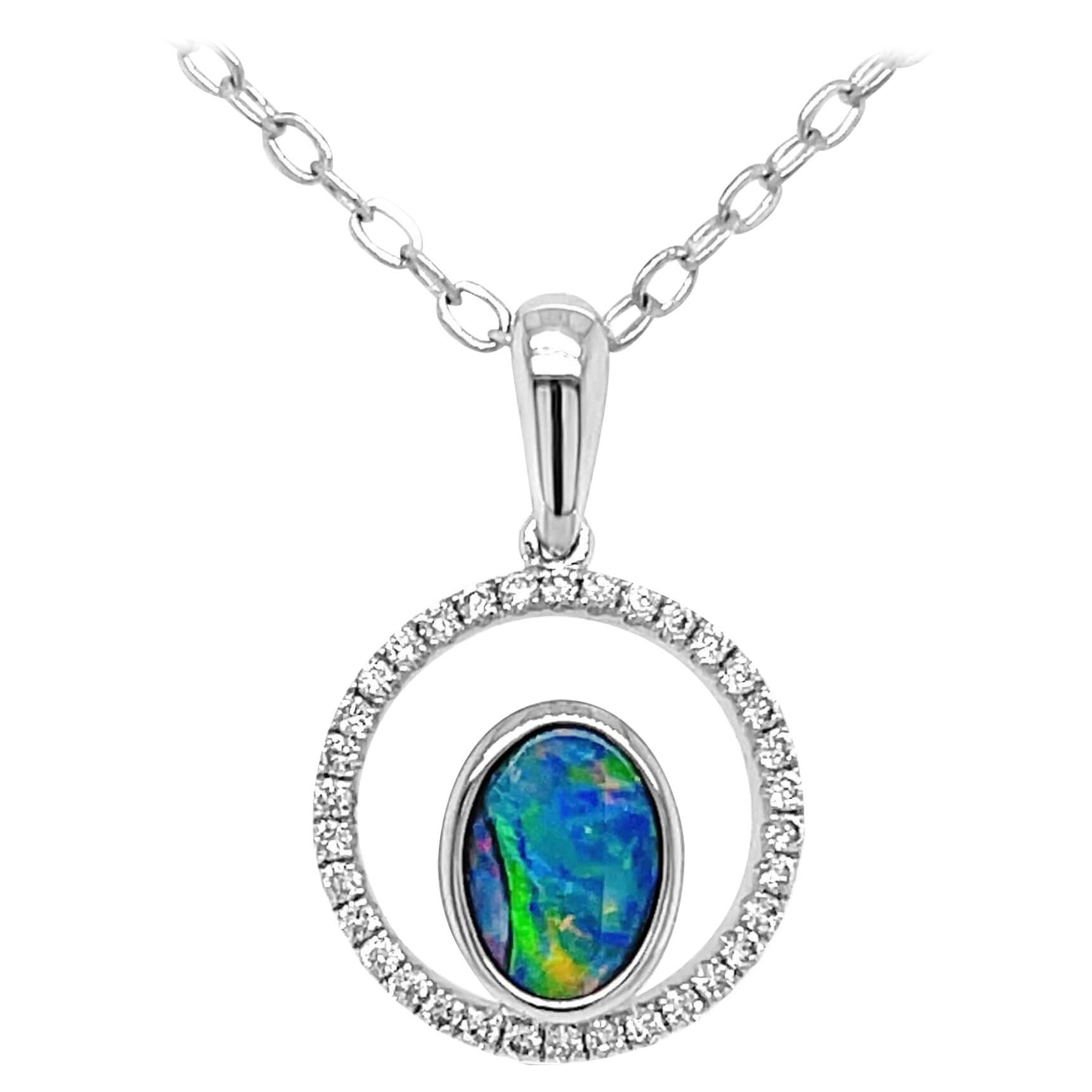 Australian 0.47ct Opal Doublet Necklace in 18K White Gold with Diamonds For Sale