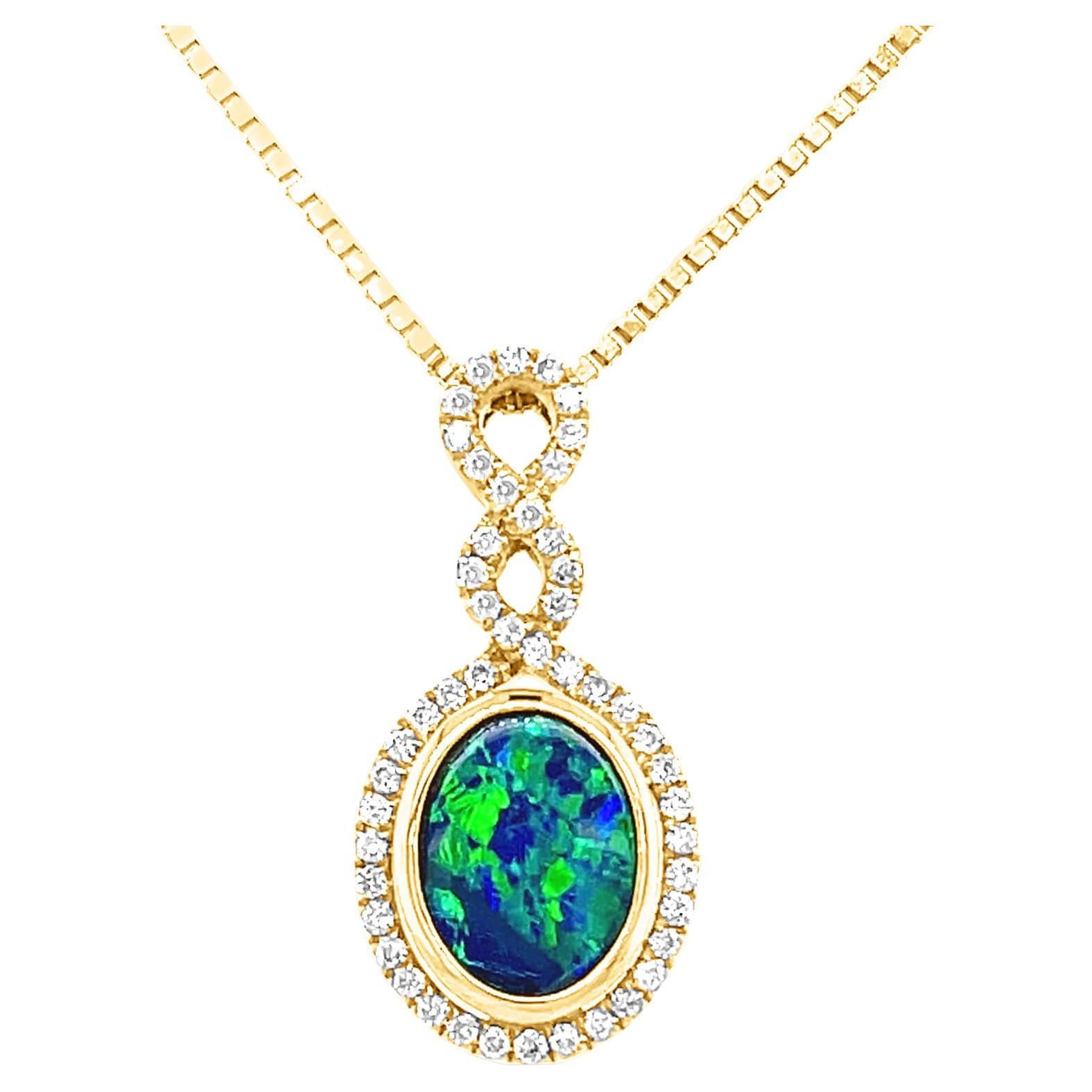Australian 0.65ct Opal Doublet Pendant Necklace in 18k Yellow Gold with Diamonds For Sale