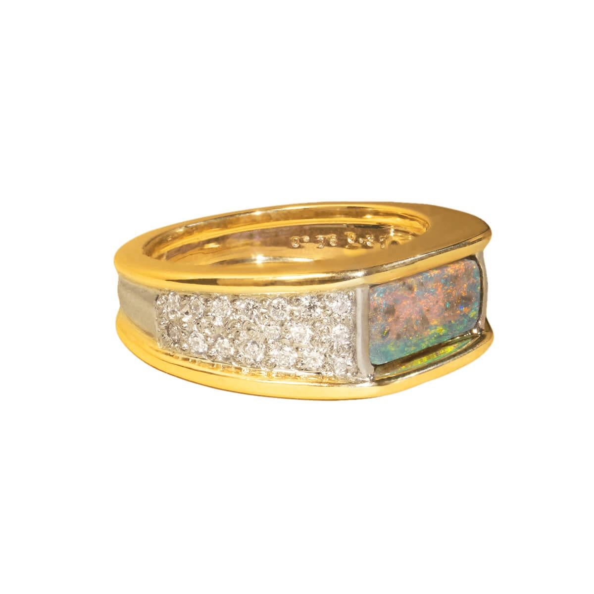 Cabochon Australian 0.75ct Black Opal, Diamond, 18k Yellow & White Gold Ring For Sale