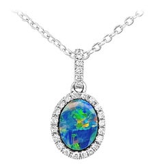 Australian 0.86ct Opal Doublet Pendant Necklace in 18K White Gold with Diamonds