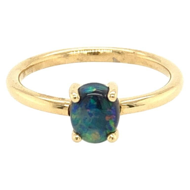 Natural Untreated Australian 0.87ct Black Opal Ring in 18k Yellow Gold