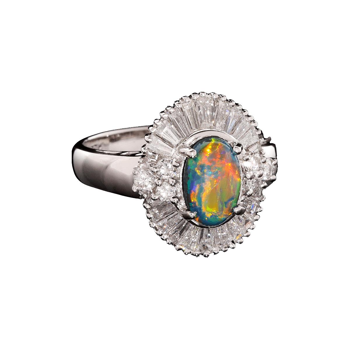 Cabochon Australian 0.92ct Black Opal, Diamond & Platinum Ring For Sale