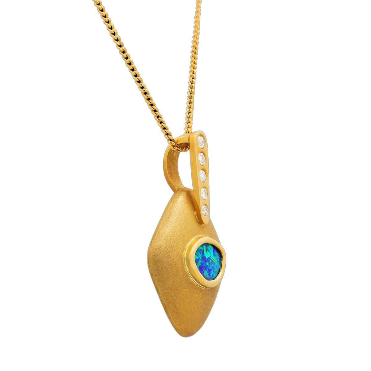 Cabochon Australian 0.94ct Boulder Opal, Diamond & 18K Gold Necklace For Sale