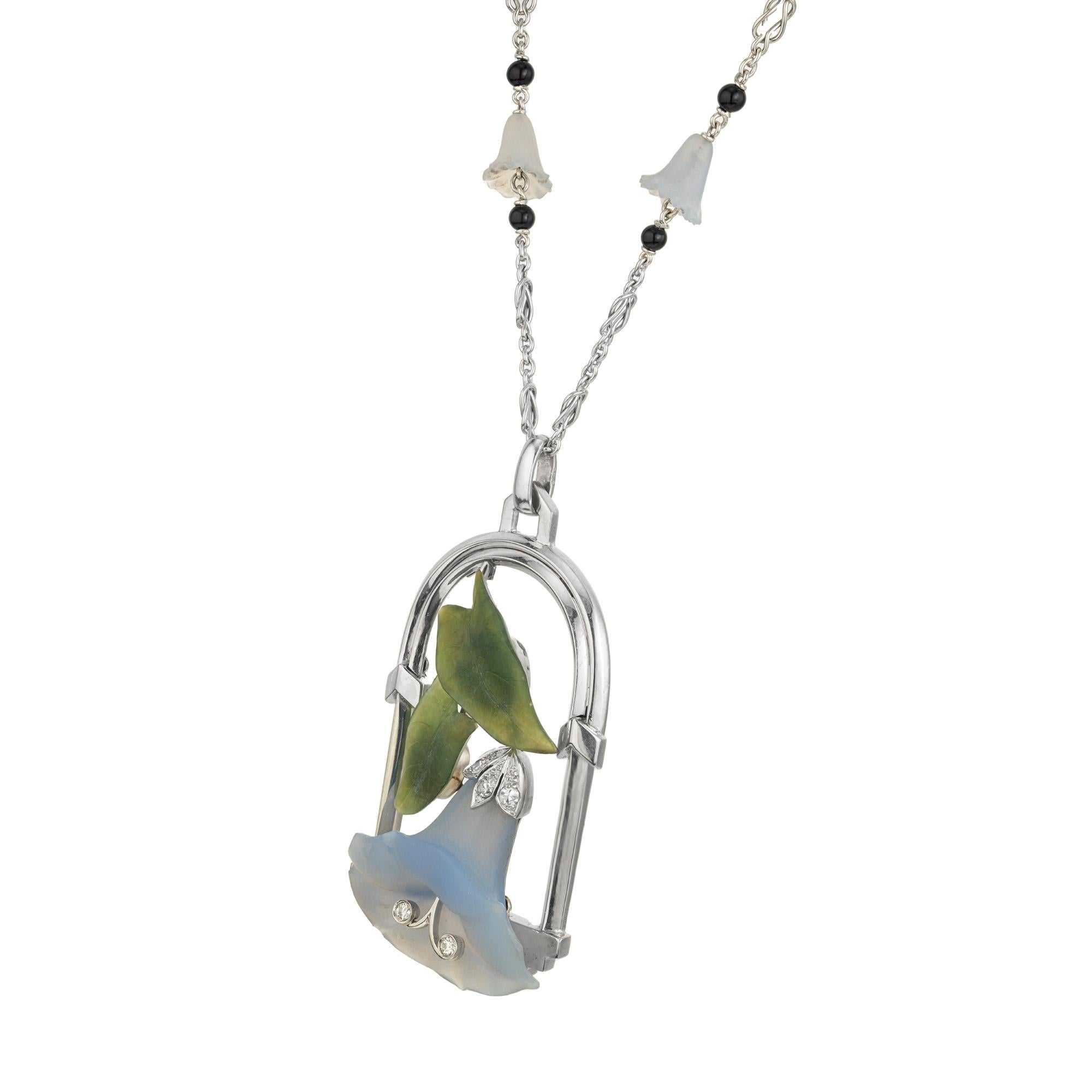 Taglio rotondo Austriaco  .10 Carati Diamante Agata Giada Onice Collana con ciondolo in oro bianco in vendita
