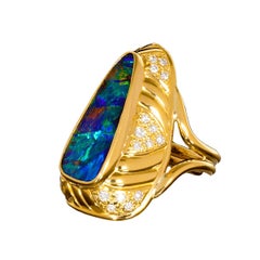 Australian 10.38ct Boulder Opal, Diamond & 18K Gold Ring