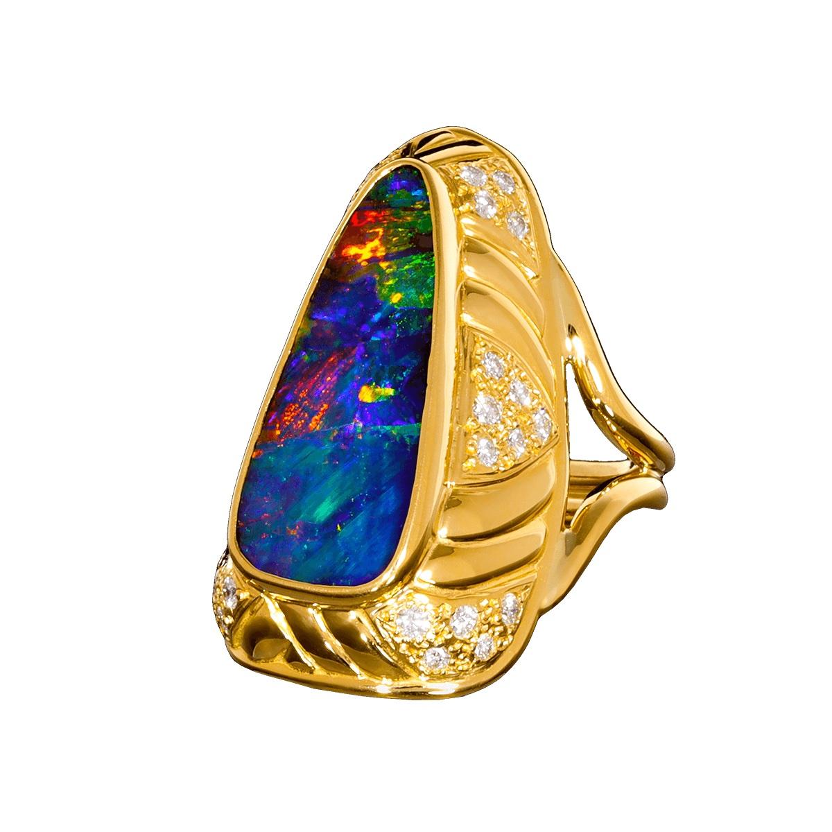 Cabochon Australian 10.38ct Boulder Opal, Diamond & 18K Gold Ring For Sale