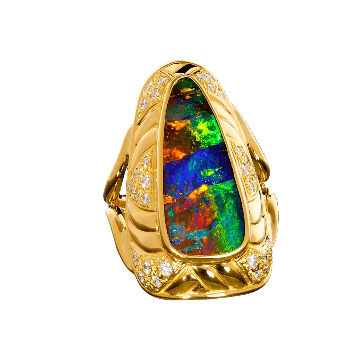 Australian 10.38ct Boulder Opal, Diamond & 18K Gold Ring In New Condition For Sale In MAIN BEACH, QLD