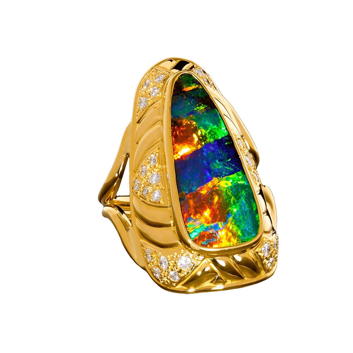 Women's or Men's Australian 10.38ct Boulder Opal, Diamond & 18K Gold Ring For Sale