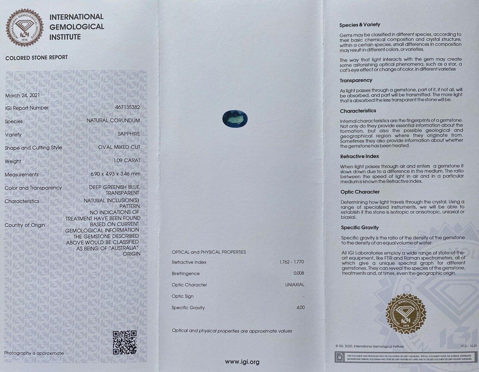 Australischer australischer 1,09 Karat unbehandelter tiefgrüner blauer Teal Saphir im Ovalschliff, IGI-zertifiziert 5