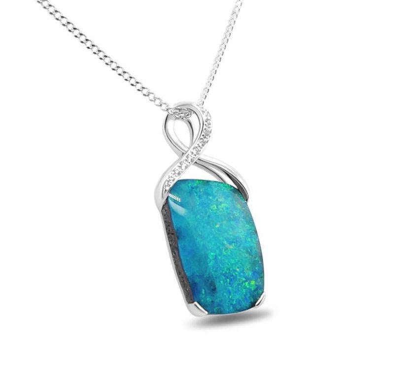 Natural Australian 11.44ct Boulder Opal Diamond Pendant in 18K White Gold In New Condition For Sale In Sydney, AU