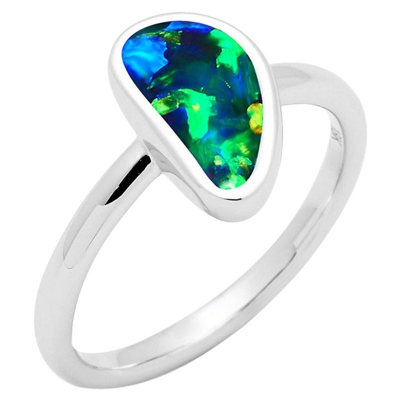 Natural Untreated Australian 1.14ct Black Opal Ring in 18K White Gold For Sale