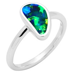 Natural Untreated Australian 1.14ct Black Opal Ring in 18K White Gold